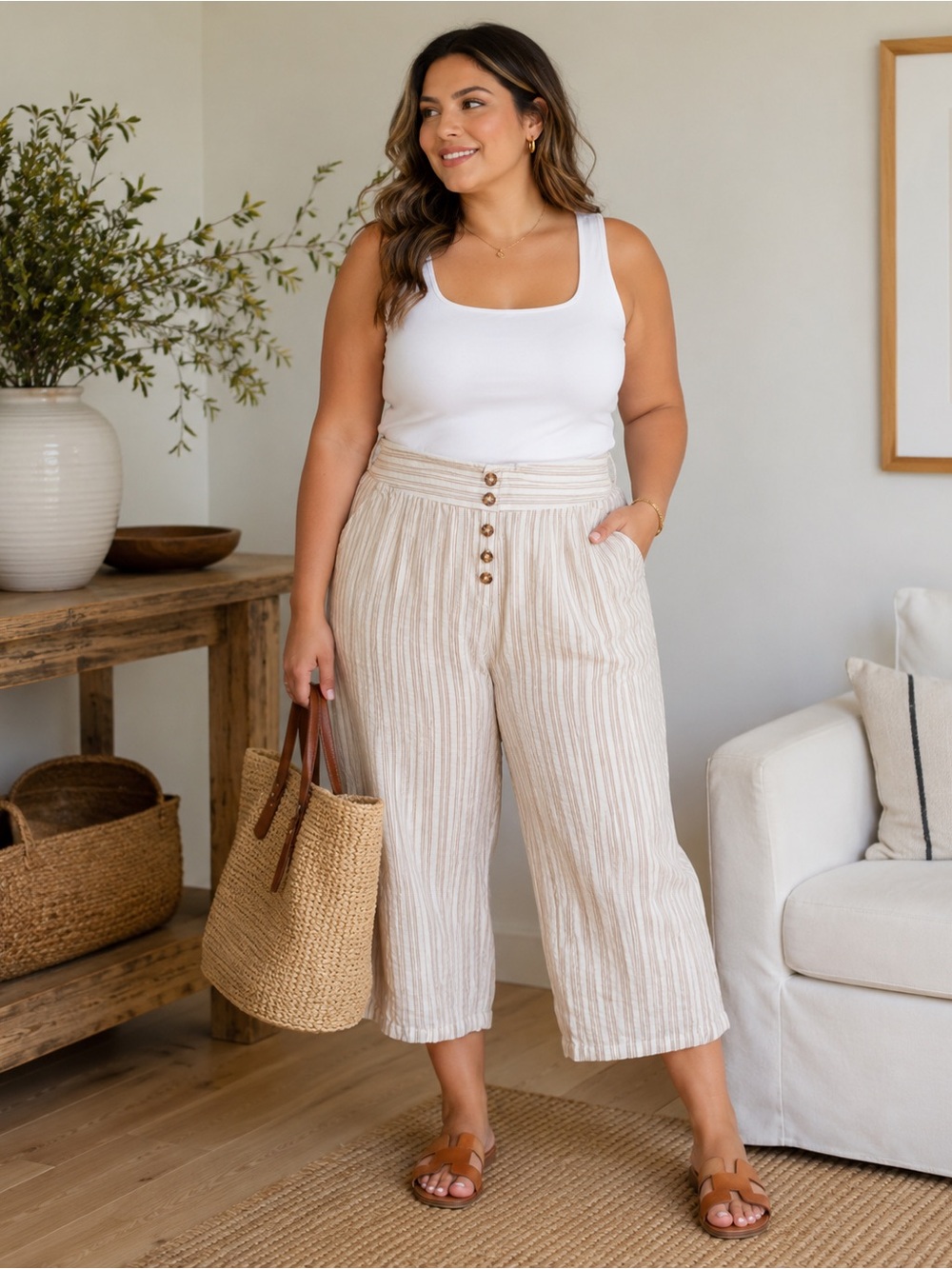 New Directions Plus Size 4X Striped Linen Blend Cropped Pants NWT